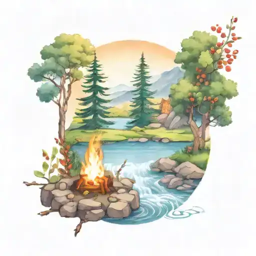 A Rowan Berry Tree And A Campfire Beside A River Waterfalling Down The Front