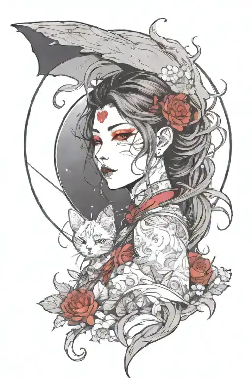 A Red Moon With Lineart Of A Woman Anime Add A Cat