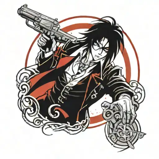 Anime Character Alucard Against A Background Of A Red Circle With Guns And Dogs