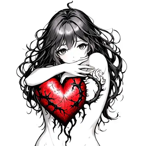 Black Thorny Heart Being Hugged By Beautiful Anime Woman With