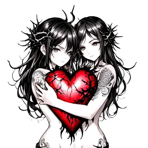 Black Thorny Heart Being Hugged By Beautiful Anime Woman With