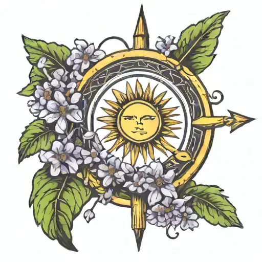 Sun And Arrow Surrounded By Violets