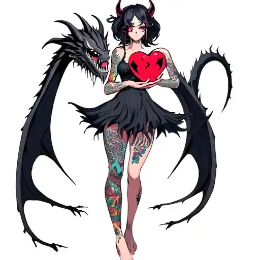 Tattooed Anime Demon Girl Holding A Shattered Heart Surrounded By A Voodoo Black Dragon