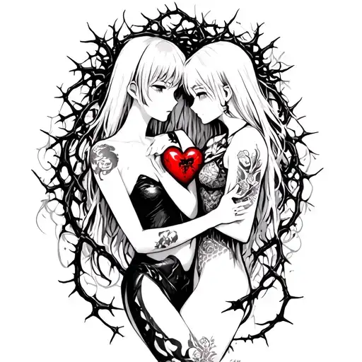 Black Thorny Heart Being Hugged By Beautiful Anime Woman With