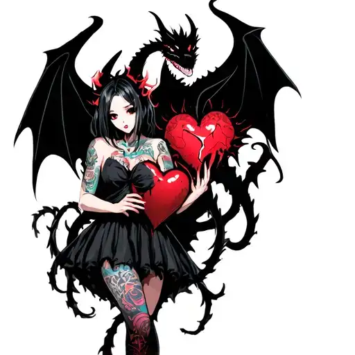 Tattooed Anime Demon Girl Holding A Shattered Heart Surrounded By A Voodoo Black Dragon