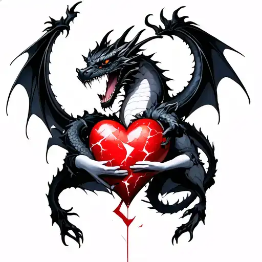Tattoo Of A Black Dragon Wrapped Around A Shattered Heart Held By A Demon Woman