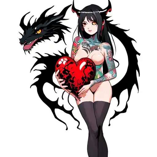 Tattooed Anime Demon Girl Holding A Shattered Heart Surrounded By A Voodoo Black Dragon