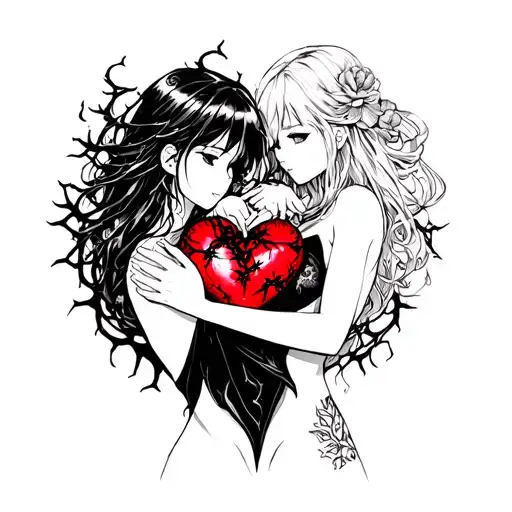Black Thorny Heart Being Hugged By Beautiful Anime Woman With