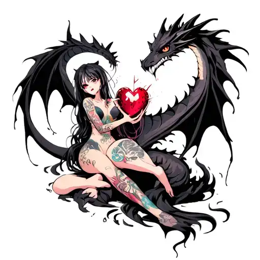 Tattooed Anime Demon Girl Holding A Shattered Heart Surrounded By A Voodoo Black Dragon
