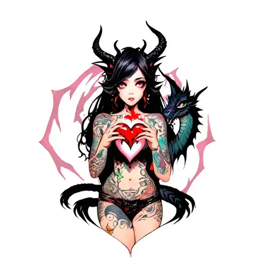 Tattooed Anime Demon Girl Holding A Shattered Heart Surrounded By A Voodoo Black Dragon