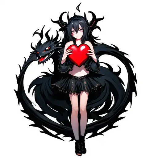 Anime Demon Girl Holding A Shattered Heart With A Heart Shaped Black Dragon Surround