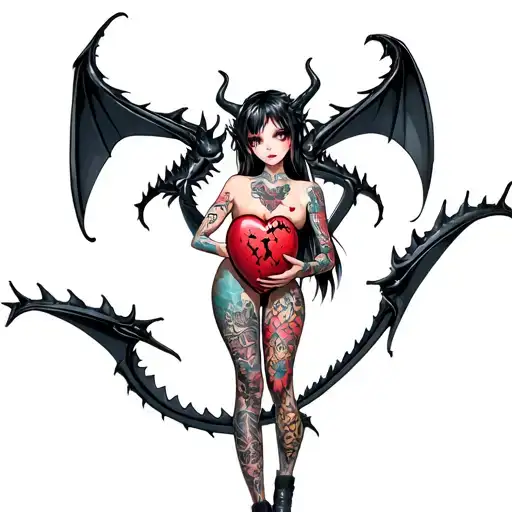 Tattooed Anime Demon Girl Holding A Shattered Heart Surrounded By A Voodoo Black Dragon