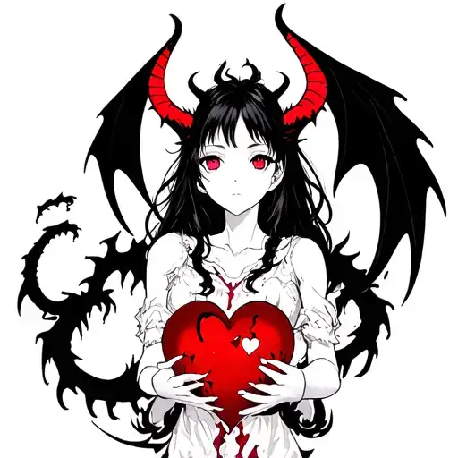 Anime Demon Girl Holding A Shattered Heart With A Heart Shaped Black Dragon Surround