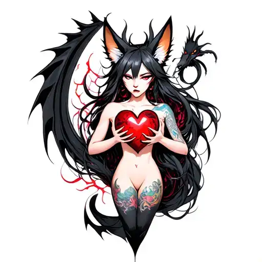 Tattooed Anime Demon Fox Woman Holding A Shattered Heart With A Heart Shaped Black Dragon Surround