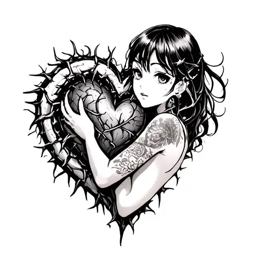 Black Thorny Heart Being Hugged By Beautiful Anime Woman With