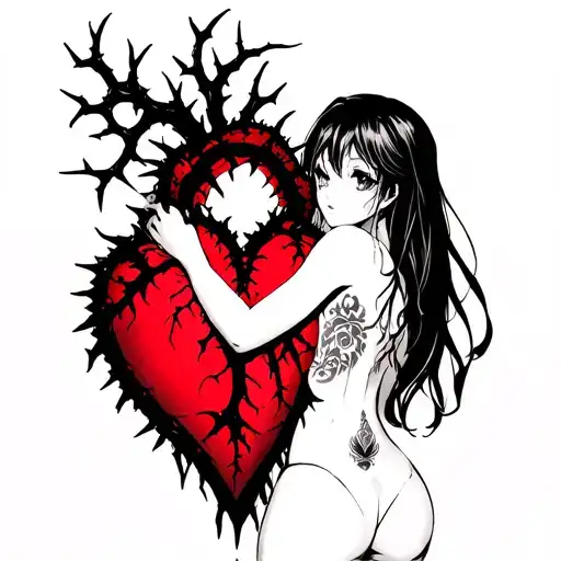 Black Thorny Heart Being Hugged By Beautiful Anime Woman With