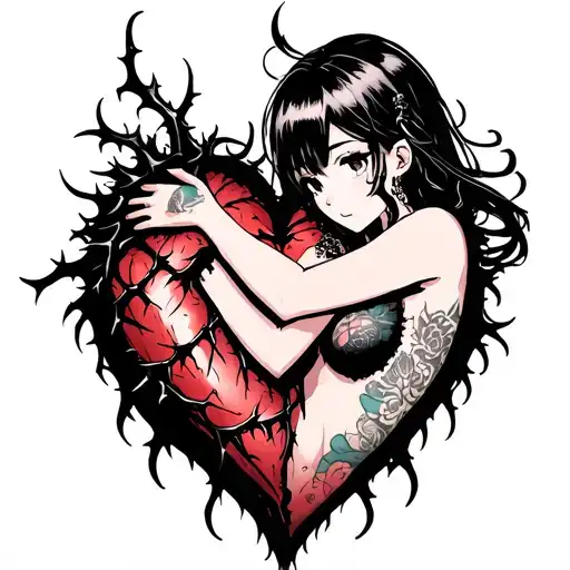 Black Thorny Heart Being Hugged By Beautiful Anime Woman With