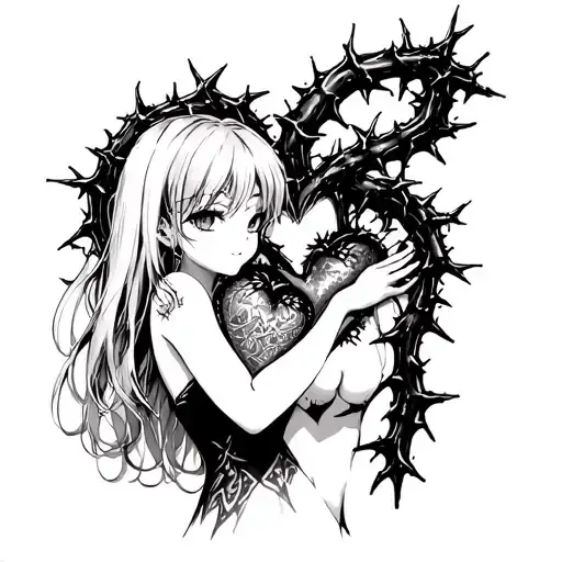 Black Thorny Heart Being Hugged By Beautiful Anime Woman With