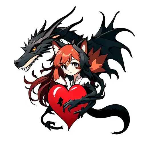 Tattoo Of A Black Dragon Wrapped Around A Broken Heart Held By An Anime Fox Girl
