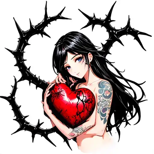 Black Thorny Heart Being Hugged By Beautiful Anime Woman With