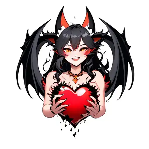 Smiling Anime Demon Fox Woman Holding A Shattered Heart With A Heart Shaped Black Dragon Surround