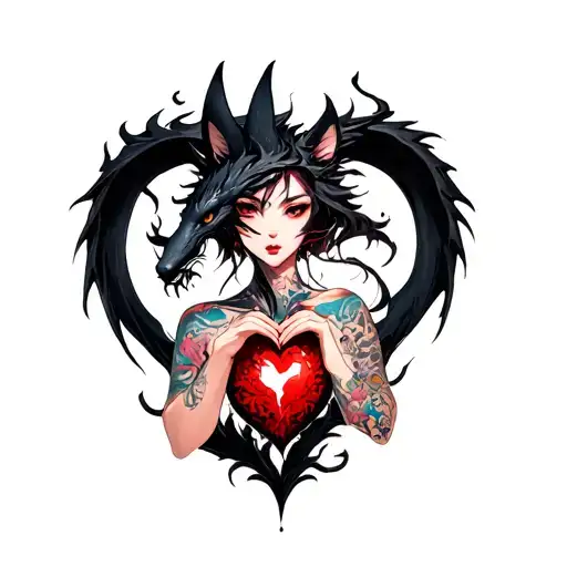 Tattooed Anime Demon Fox Woman Holding A Shattered Heart With A Heart Shaped Black Dragon Surround