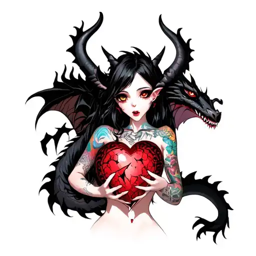Tattooed Anime Demon Girl Holding A Shattered Heart Surrounded By A Voodoo Black Dragon