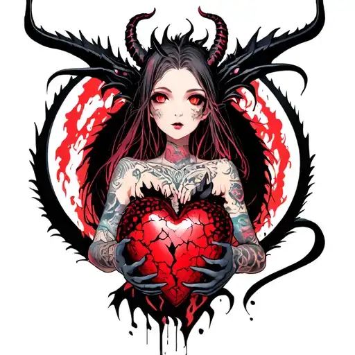 Tattooed Anime Demon Girl Holding A Shattered Heart Surrounded By A Voodoo Black Dragon