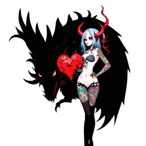 Tattooed Anime Demon Girl Holding A Shattered Heart Surrounded By A Voodoo Black Dragon