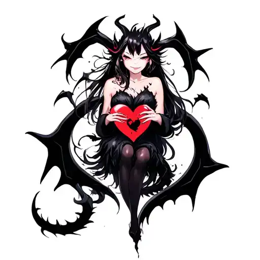 Happy Anime Demon Woman Holding A Shattered Heart With A Heart Shaped Black Dragon Surround