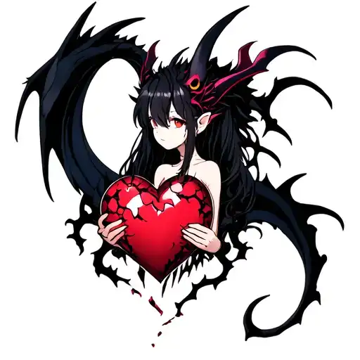 Anime Demon Girl Holding A Shattered Heart With A Heart Shaped Black Dragon Surround