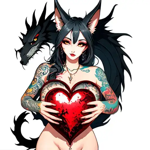 Tattooed Anime Demon Fox Woman Holding A Shattered Heart With A Heart Shaped Black Dragon Surround