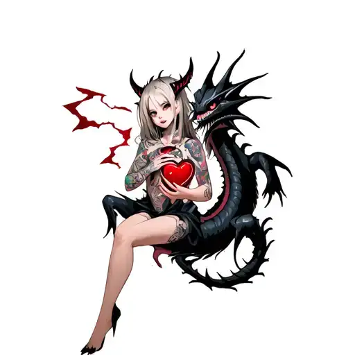 Tattooed Anime Demon Girl Holding A Shattered Heart Surrounded By A Voodoo Black Dragon