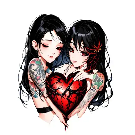 Black Thorny Heart Being Hugged By Beautiful Anime Woman With