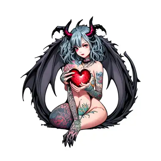 Tattooed Anime Demon Girl Holding A Shattered Heart Surrounded By A Voodoo Black Dragon