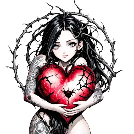 Black Thorny Heart Being Hugged By Beautiful Anime Woman With