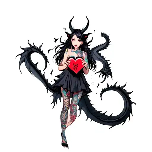Tattooed Anime Demon Girl Holding A Shattered Heart Surrounded By A Voodoo Black Dragon