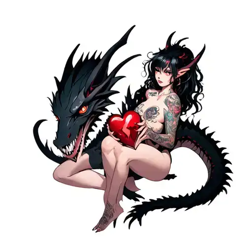 Tattooed Anime Demon Girl Holding A Shattered Heart Surrounded By A Voodoo Black Dragon