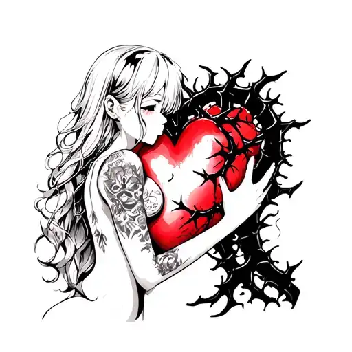Black Thorny Heart Being Hugged By Beautiful Anime Woman With