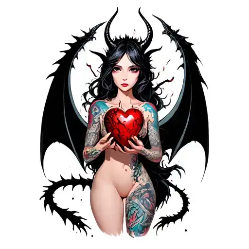 Tattooed Anime Demon Girl Holding A Shattered Heart Surrounded By A Voodoo Black Dragon