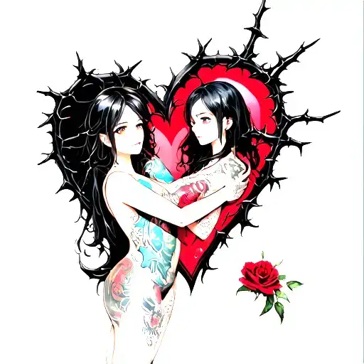 Black Thorny Heart Being Hugged By Beautiful Anime Woman With