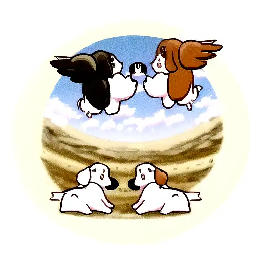 Two Angel Basset Hounds Sitting On A Cloud One Is Black And White And The Other Is Brown And White