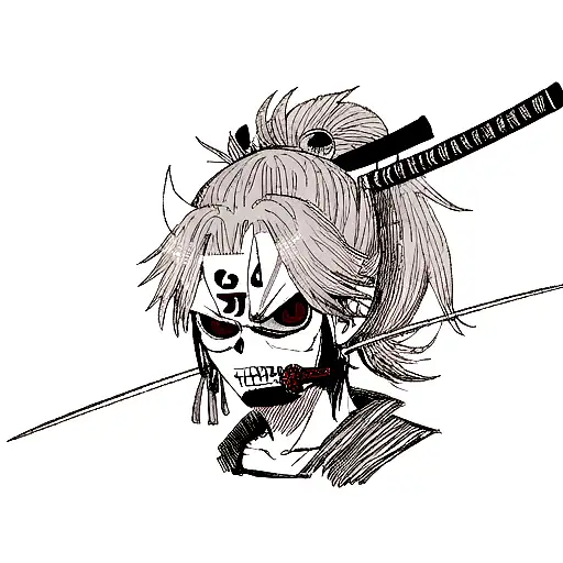 Skull With Oni Mask On Side Of Head With Samurai Sword