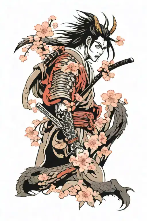 Japanese Samurai With Dragon And Cherry Blossom Tree And Japanese Temple