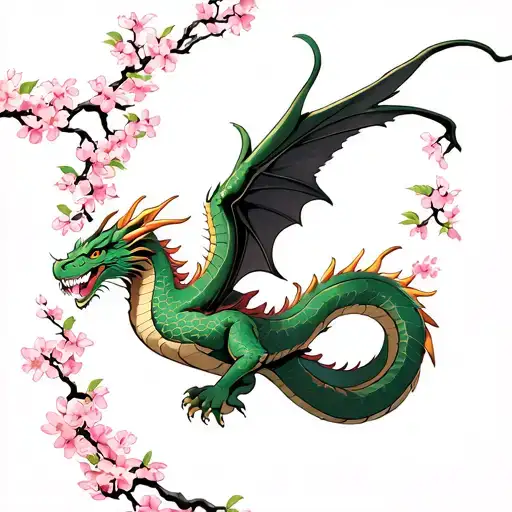 Dragon Flying Up Through Falling Cherry Blossom Flowers