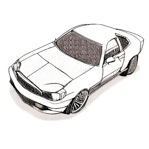 A Jdm Car With A Cyberpunk Cityscape As The Background In A Dotwork Style