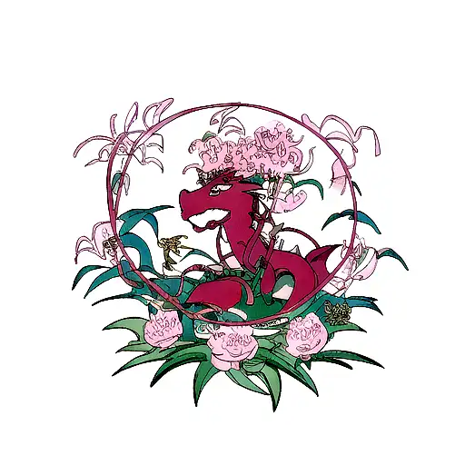 Dragon Surrounded By Spider Lilies And Peonies