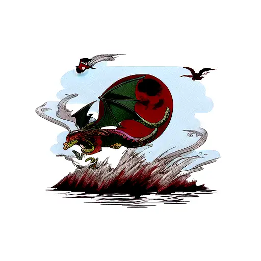 Serpent Dragon Flying Out Of Water With A Blood Moon Behind It