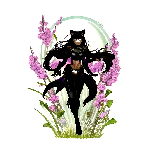 Black Panther With Emerald Eyes And Purple Flowers Growing Out Of Her