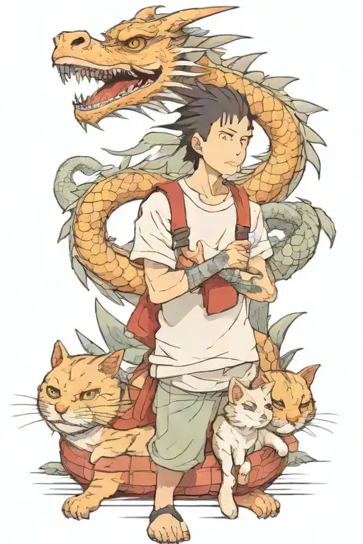 Dragon Haku From Spirited Away With 3 Cats On Top Of Him